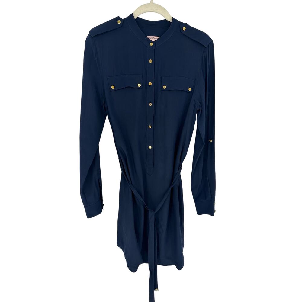 Juicy Couture 100 Silk Blue Shirt Dress Gold Buttons‎ Belted Party Womens 6